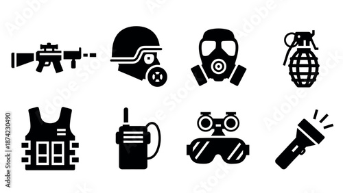 Modern military equipment icons in black silhouette style for tactical design