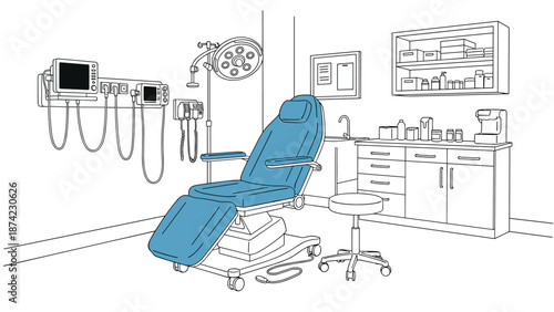 Modern medical examination room interior with equipment in linear styl
