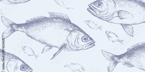 Print of fish with granular grain texture, dust overlays and subtle stains on aged rough paper surface.