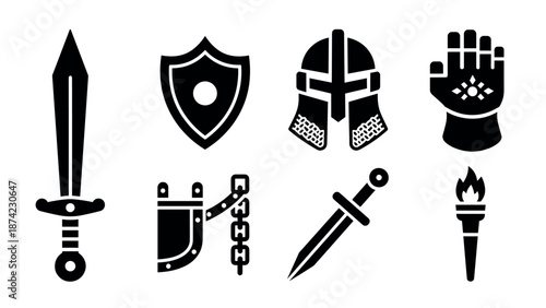 Medieval icons set featuring sword, shield, helmet, glove, and torch i