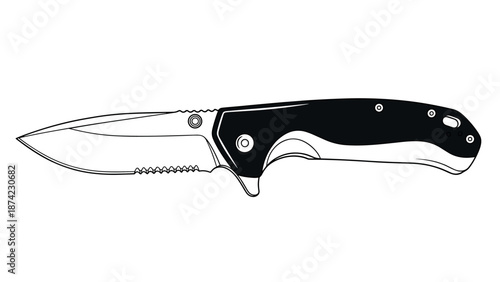 Black and white outline of folding knife with serrated blade