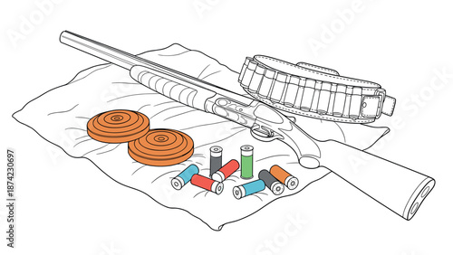 Outline of shotgun with clay targets and ammunition on sackcloth