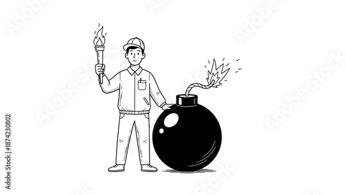 Cartoon character holding torch next to bomb with lit fuse in black and white