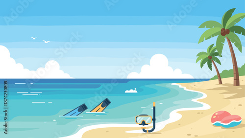 Tropical beach paradise with snorkeling gear and relaxing ocean waves