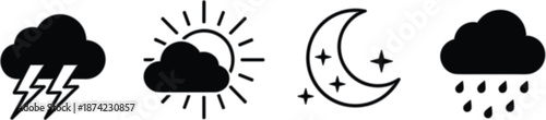 Minimal black weather icons vector illustration set showing thunderstorm, partly sunny, night moon with stars, and rainy cloud symbols for apps and forecasts