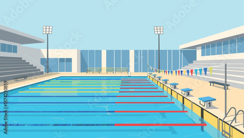 Outdoor swimming pool with lanes and diving platforms under a clear sky