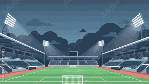 Evening soccer stadium with lights and empty seats in flat design