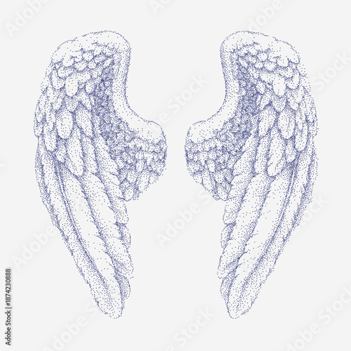 Blue wings illustration with coarse grain, stippled dust, faint scratches, rough feather lines and worn vintage paper background with subtle threshold grit.