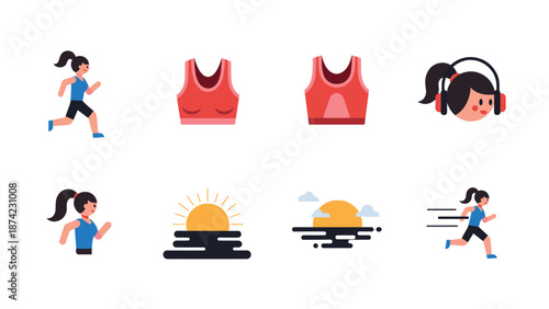 Running and fitness icons set with sunrise elements in flat design