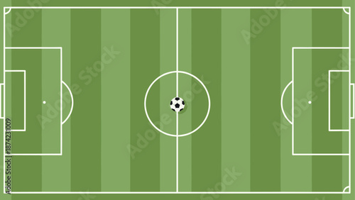 Soccer field layout with ball on central circle in flat design