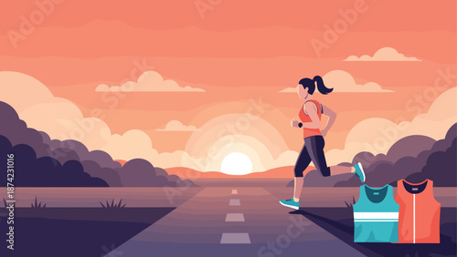 Sunset jogger on open road with athletic apparel in scenic background