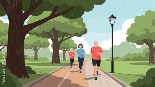 Seniors enjoying a leisurely jog in a sunlit park