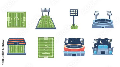 Collection of football stadium icons in flat design with field and lights