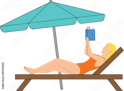 Woman reading a book on sun lounger under beach umbrella vector illustration, relaxing summer vacation scene perfect for travel, leisure, and holiday designs