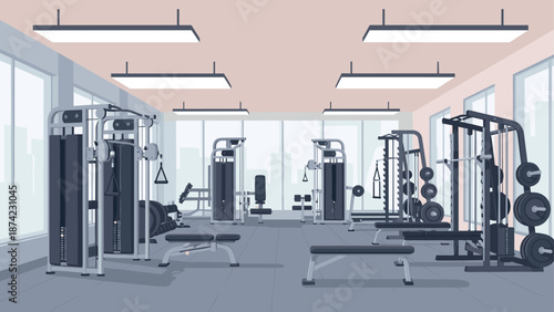 Modern gym interior with various fitness equipment in minimalist design