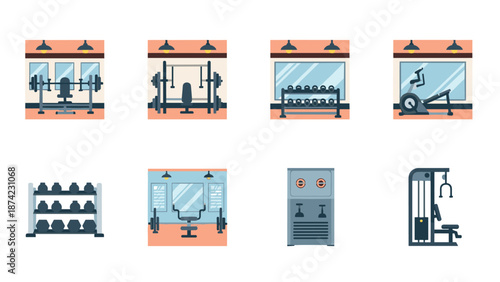 Modern gym equipment icons in flat style with weights and machines