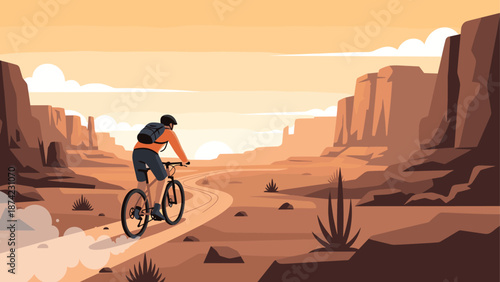 Mountain biker traversing arid desert landscape at sunset in minimalist style