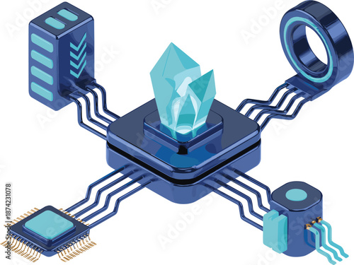 Futuristic isometric technology illustration featuring crystal energy core, microchips, data circuits, and digital network connections for sci-fi and tech designs