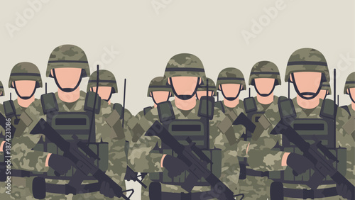 Military troop formation in camouflage gear and helmets