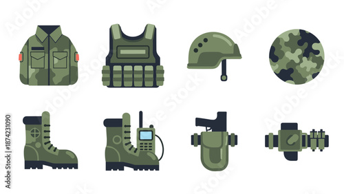 Modern military gear icons: armor, helmet, boots, radio in flat design