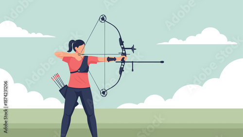 Female archer aiming with compound bow in flat style landscape