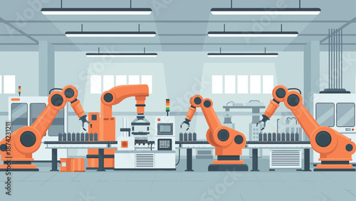 Modern automated robotics in manufacturing facility with assembly line in flat design