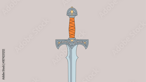 Medieval sword with ornamented hilt and orange grip in flat style