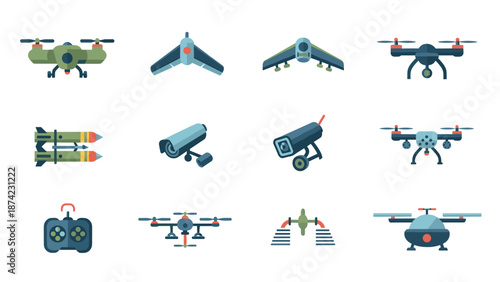 Modern drone and surveillance icons set for technology designs