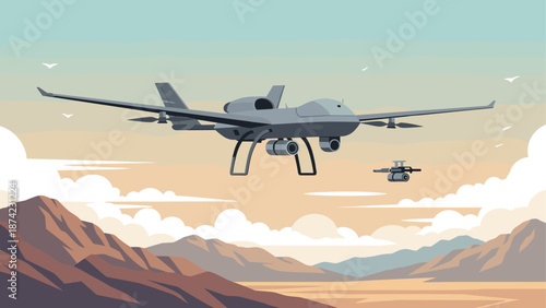 Futuristic drone in desert landscape at sunset