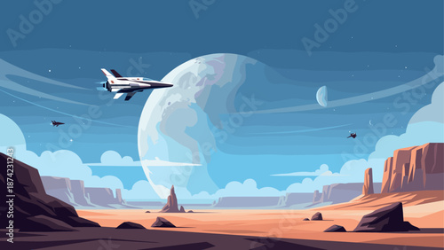 Futuristic spaceships soar over alien landscape with vast moons in a sci-fi adventure