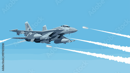 Fighter jet in flight with missile launch in clear blue sky