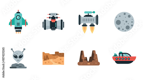 Futuristic space exploration icons: rockets, aliens, moon, mars, spaceship in flat design