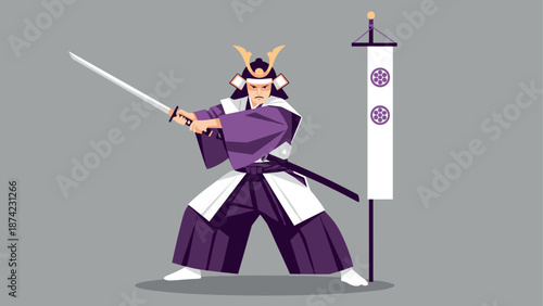 Samurai warrior in traditional armor with katana on gray background