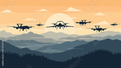 Silhouette drones flying over mountain landscape at sunset