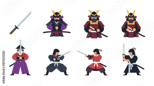 Colorful flat samurai and ninja characters with swords in traditional styles