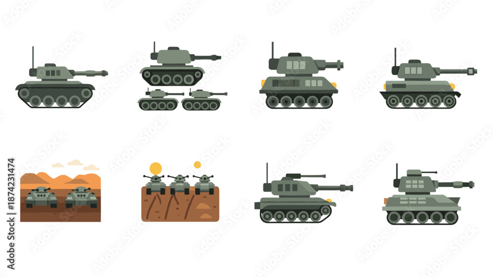 Fototapeta premium Flat military tanks set with various angles and battlefield backgrounds for war and strategy themes