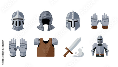 Medieval armor elements collection: knight helmets, gloves, chest plate, and sword