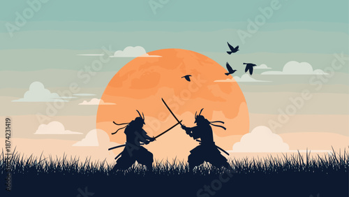 Samurai duel at sunset with majestic orange sun and flying birds