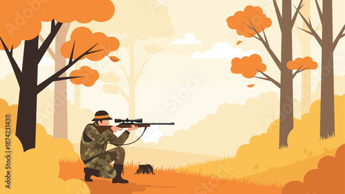Autumn forest hunter: flat silhouette of camouflaged man with rifle in vibrant fall landscape