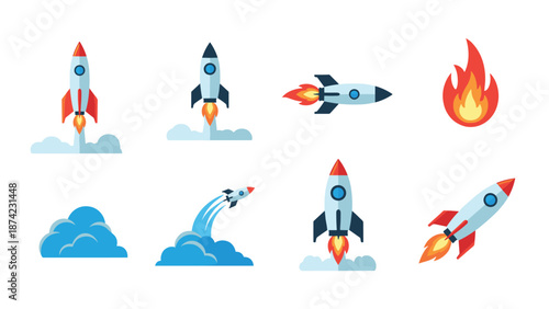 Collection of rockets and fire icons with clouds in flat style