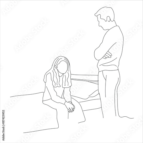 father scolds daughter. line art. Father scolding teenage daughter because of bad behavior at school sitting on couch in apartment