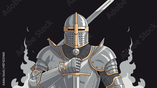 Medieval knight in armor with sword amidst smoke on dark background