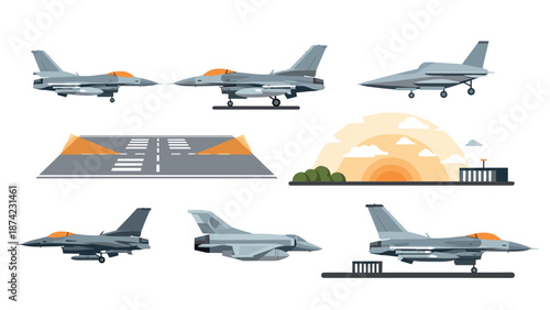 Military jet aircraft and runway at sunset in flat style