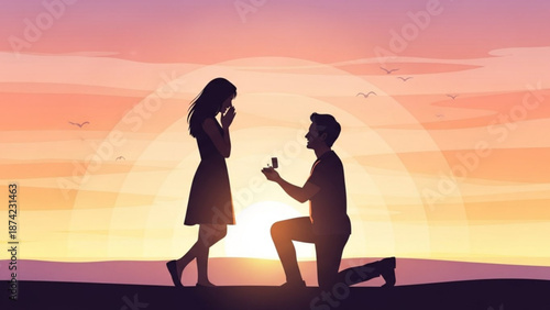 Man Proposing to Woman on One Knee at Sunset