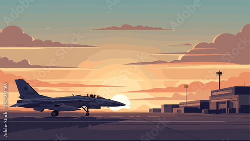 Fighter jet silhouette at sunset on airport runway with hangars