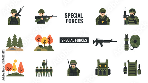 Military icon set featuring soldiers, weapons, and equipment in flat style