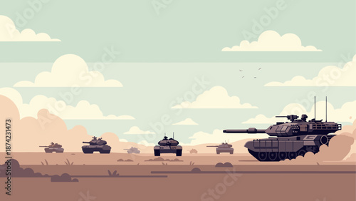 Futuristic military tanks in vast desert landscape with cloudy sky