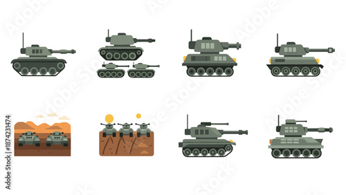 Flat military tanks set with various angles and battlefield backgrounds for war and strategy themes