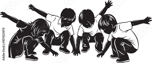 Four children in a crouched position with arms outstretched wide