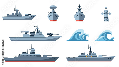 Modern navy ships collection with ocean waves and radar towers in flat design